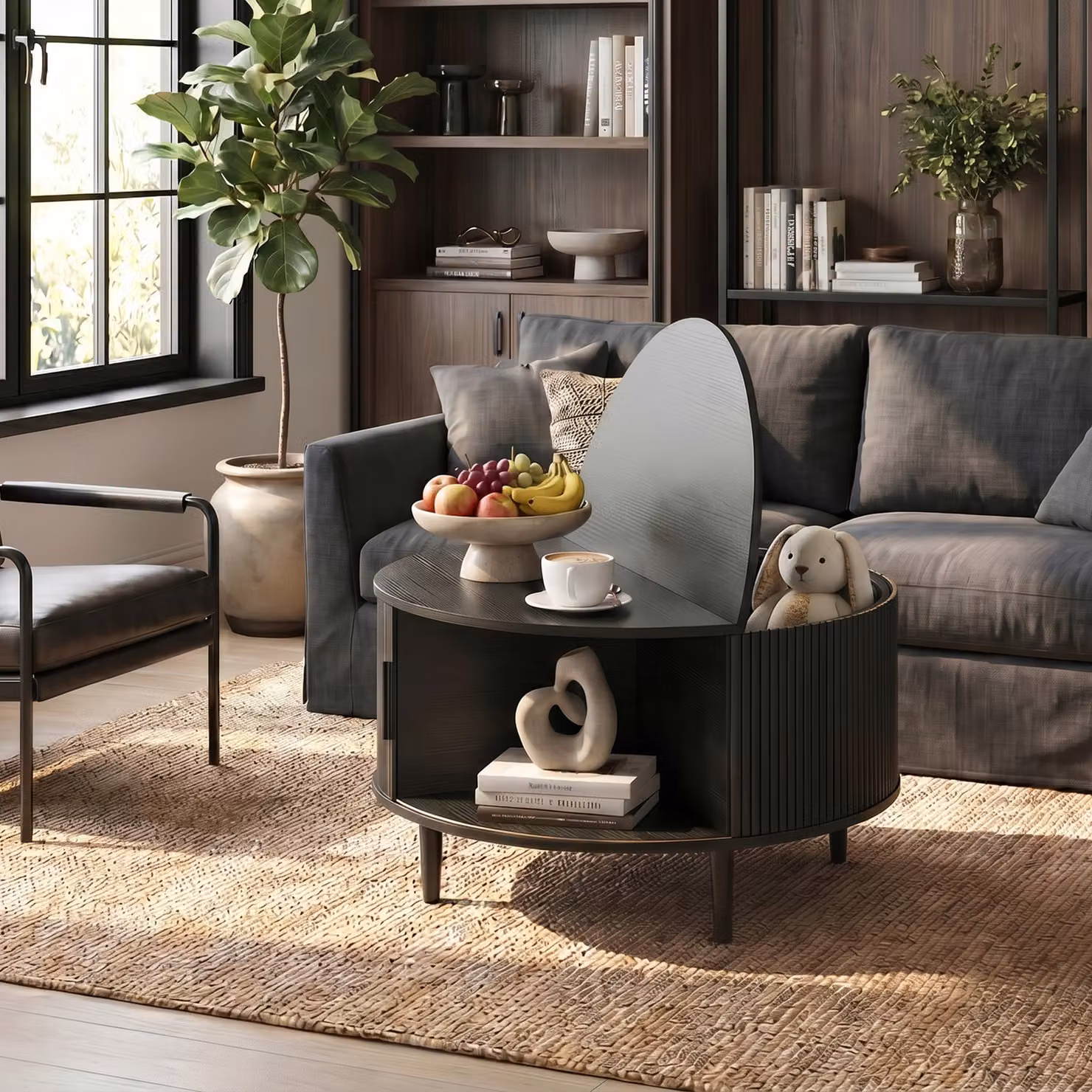 HOMCOM Round Coffee Table with Lift Top and Hidden Storage, Black Wood Effect, Diameter: 80 cm – 9