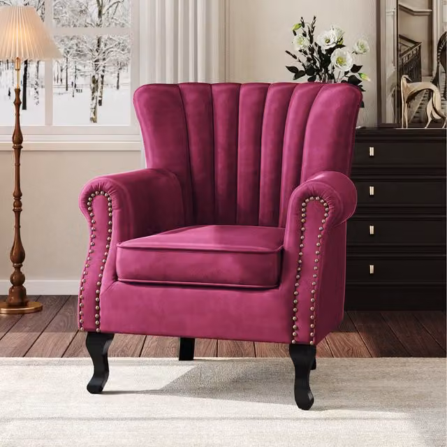 Komore Red Velvet Wingback Armchair with Stud Details