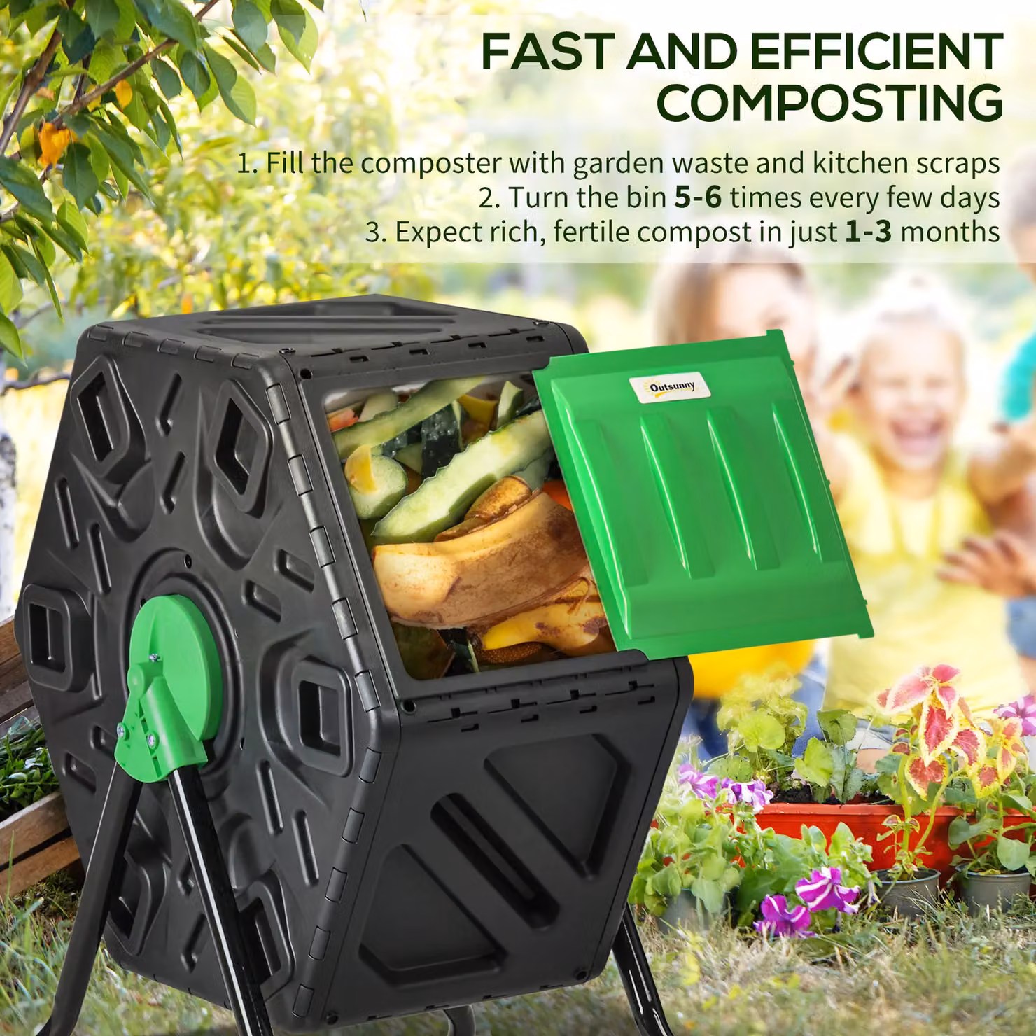 OUTSUNNY 65L Rotating Garden Compost Bin with Steel Legs in Green and Black – 3