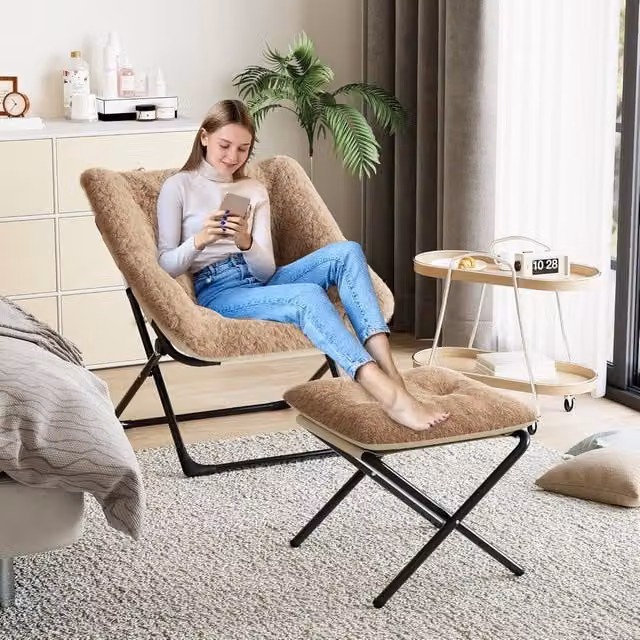 London Boutique Brown Folding Saucer Lounge Chair with Ottoman and Metal Frame