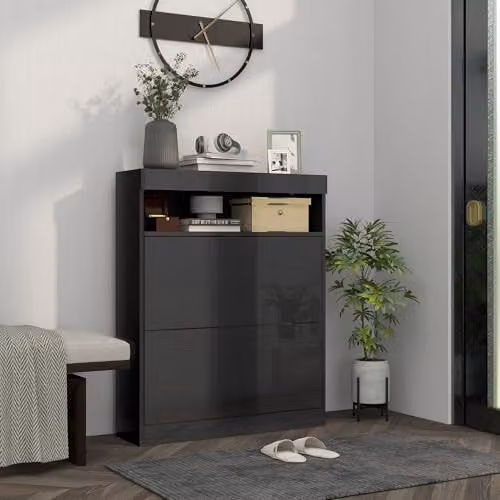 HOMCOM Narrow Glossy Black Shoe Cabinet, Wall Mounted or Freestanding with Tilting Compartments and Internal Shelves – 2