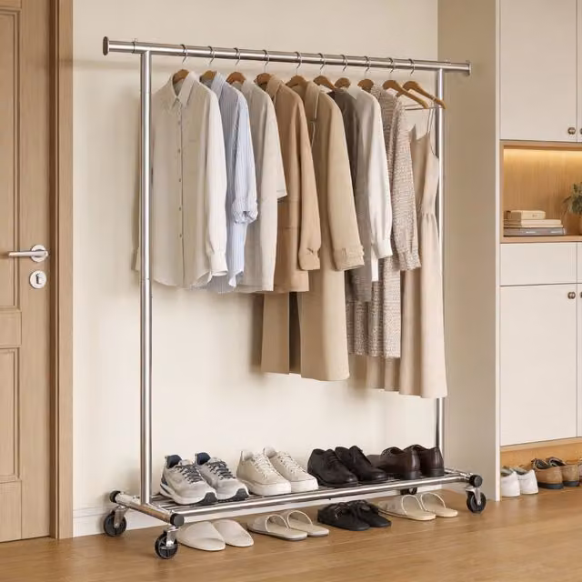 SONGMICS Heavy Duty Clothes Rack on Wheels, Silver Metal Clothes Rail, H 161.5 x W 150.0 x D 45.0 cm