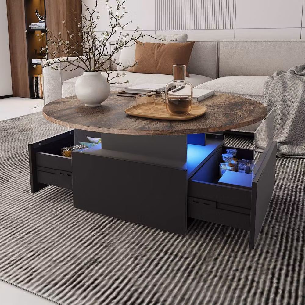 KEEPREAPER Modern Round Coffee Table with Storage and LED in Brown – 3