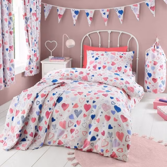 Happy Linen Company Hearts Kids Reversible Duvet Cover and Pillowcase Set, Pink and White, W/D/H: 120 x 150 cm, Pillowcase: 40 x 60 cm