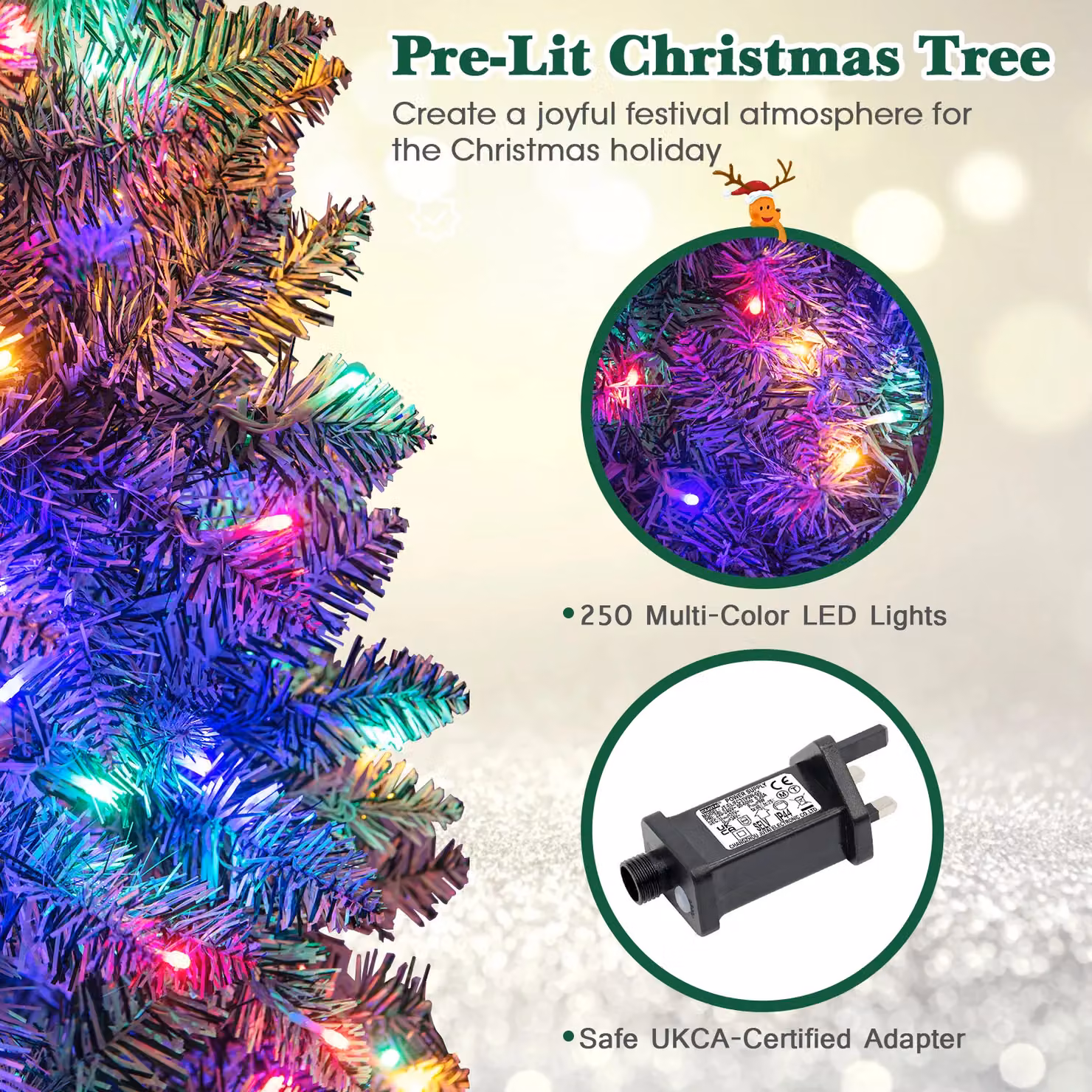 Gymax 6ft Pre-Lit Slim Christmas Tree with 475 Tips and 250 Colourful Lights in Green – 2