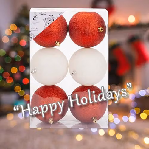 VFM e-Store Set of 6 Round Christmas Bauble Hanging Tree Ornaments in Red and White, 10 cm – 5