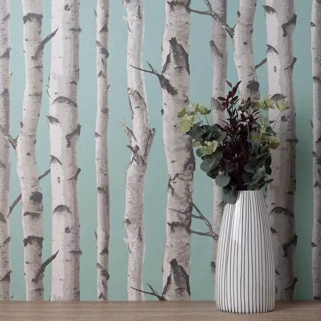 Fine Decor Blue and Green Botanical Birch Trees Floral Wallpaper