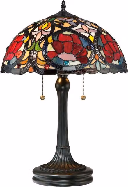 Loops Art Nouveau Tiffany Style Twin Table Lamp with Multicolour Glass and Bronze Metal Base, H: 40.6 cm – 1