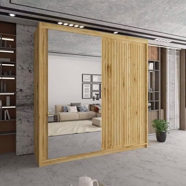 Sliding Wardrobes 4U Sleek Brown Mirror Sliding Wardrobe with LED Lighting, W: 150 cm, H: 217 cm