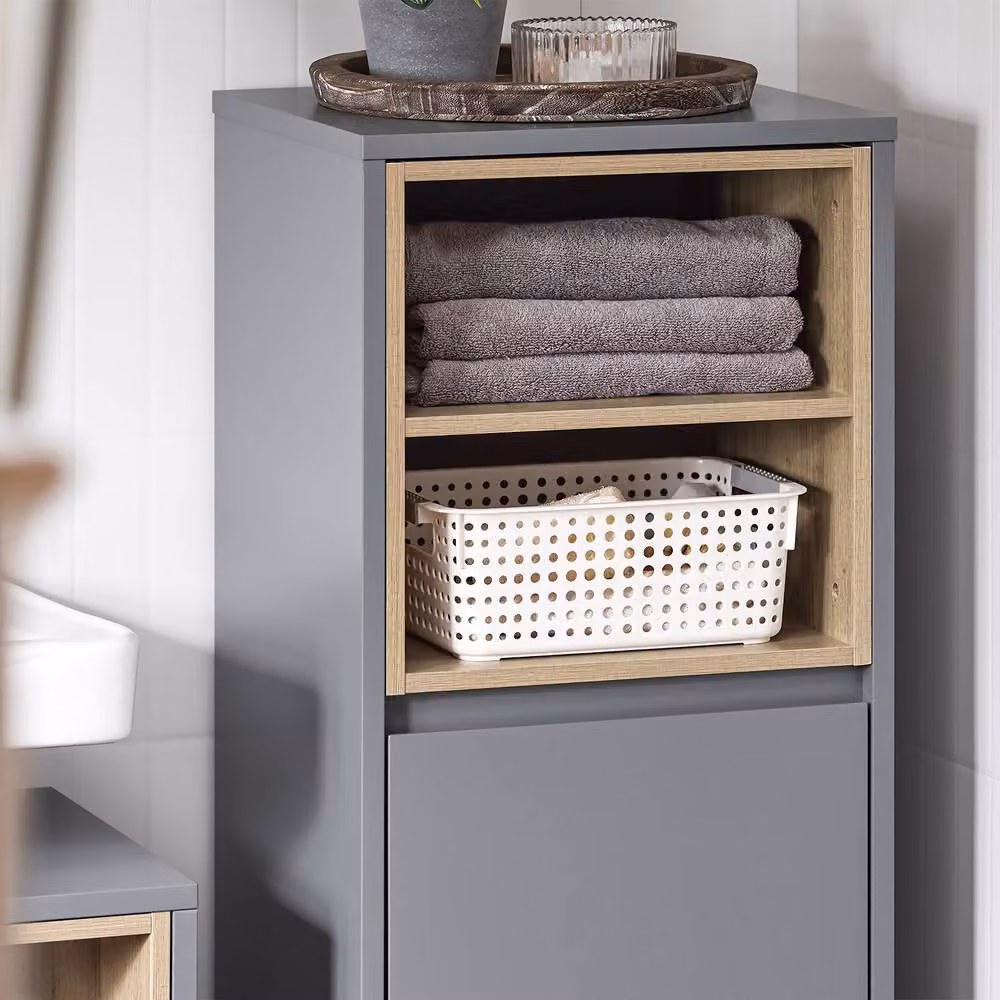 SoBuy Modern Laundry Storage Cabinet with Basket and Open Shelf in Dark Grey, Height: 105 cm – 3