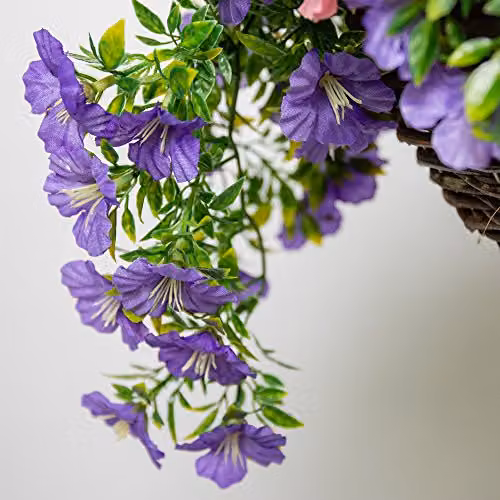 Primrose Large Artificial Petunia Flowers in a Green Rattan Hanging Basket, Pink and Purple – 3