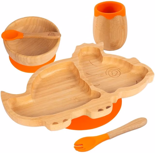 Tiny Dining 5pc Bamboo Dinosaur Baby Weaning Set in Orange