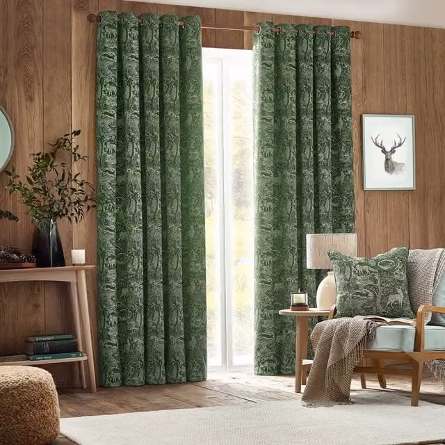 Terrys Winter Woods Emerald Green Chenille Ready Made Eyelet Curtains