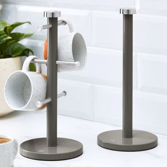 Swan Freestanding Metal Towel Pole and Mug Tree Set with Weighted Base in Anthracite