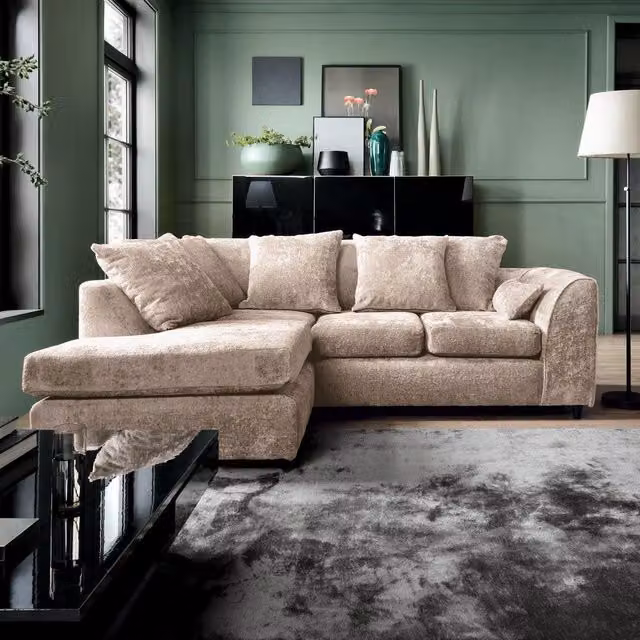 Abakus Direct Harriet Left Facing Corner Sofa in Cream Crushed Chenille with Scatter Cushions