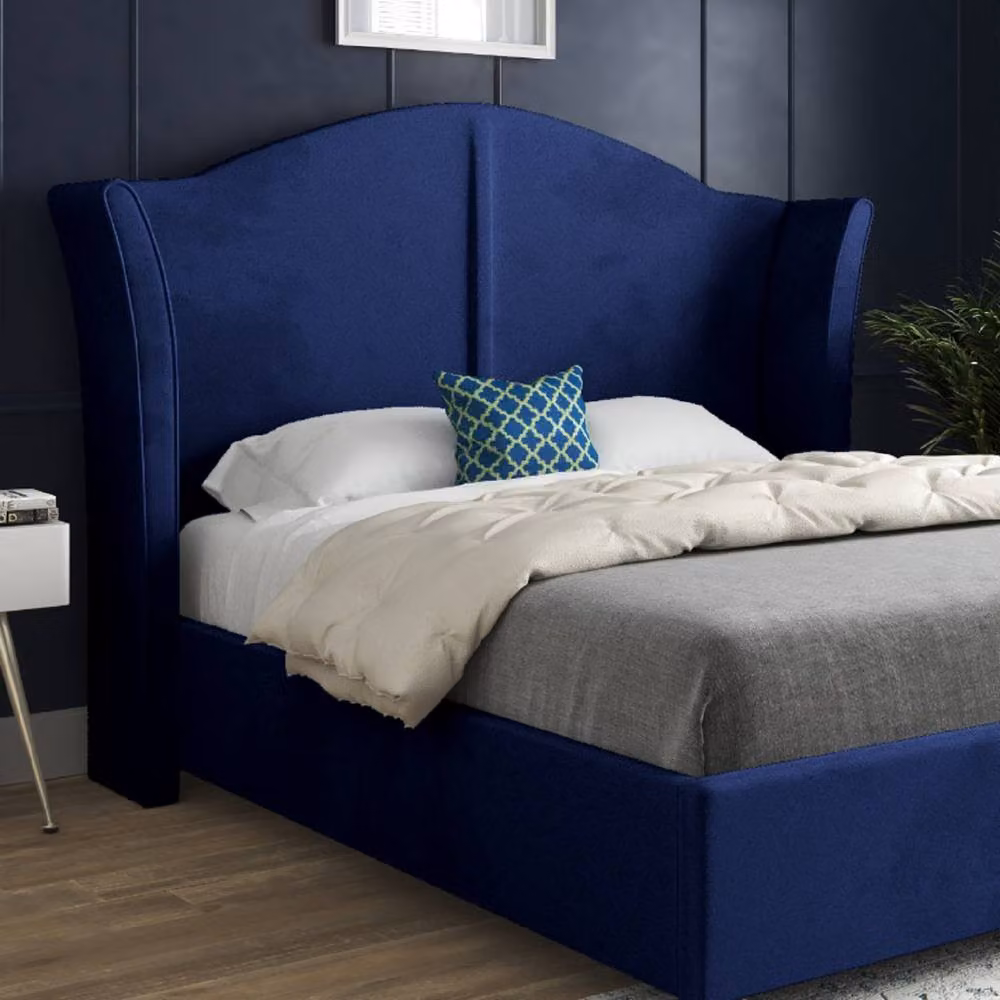 KDMD Wilsden Curved Winged Upholstered Designer Bed Frame in Blue Soft Velvet, Size: Double (W/D/H: 144 x 137 x 140 cm) – 3