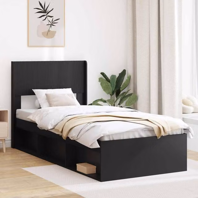 Berkfield Home Modern Upholstered Bed Frame with Headboard and Side Compartment Storage, Black, W: 75 cm, L: 190 cm