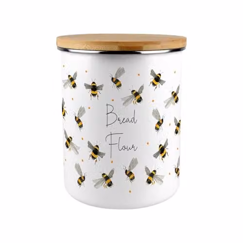 Purely Home Floral Enamel Bread Flour Canister in Yellow and White with Bamboo Lid