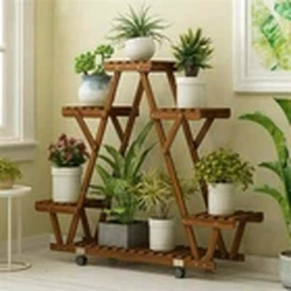 EONLION Brown Wooden 6-Pot Movable Plant Display Stand for Indoor and Outdoor Use – 2
