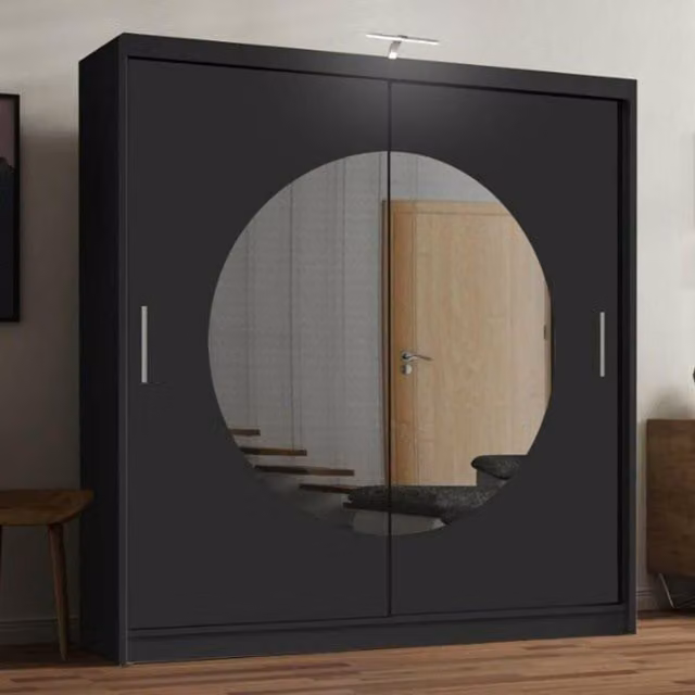 Sliding Wardrobes 4U Circle Mirror Sliding Door Wardrobe with LED Light in Black, W/H: 203 x 217 cm