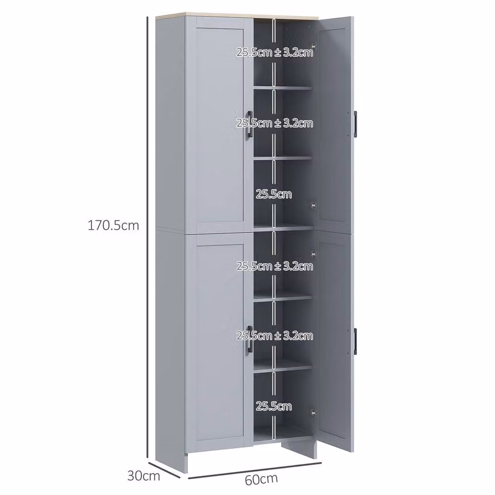 STILVORA Modern Grey Kitchen Storage Tall Unit with 4 Hinged Doors and Internal Shelves, H 170.5 x W 60.0 x D 30.0 cm – 3