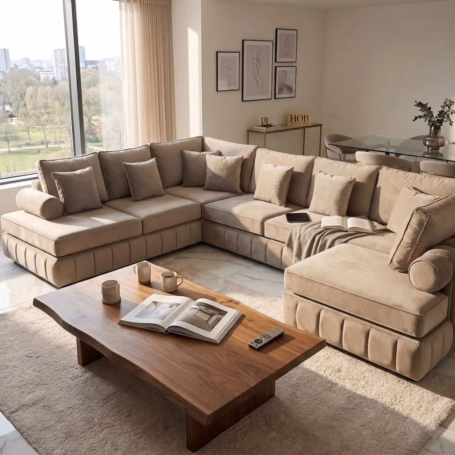 HOB Furniture Oyster Oxford U Shape Chaise Sofa in Beige Fabric – 2