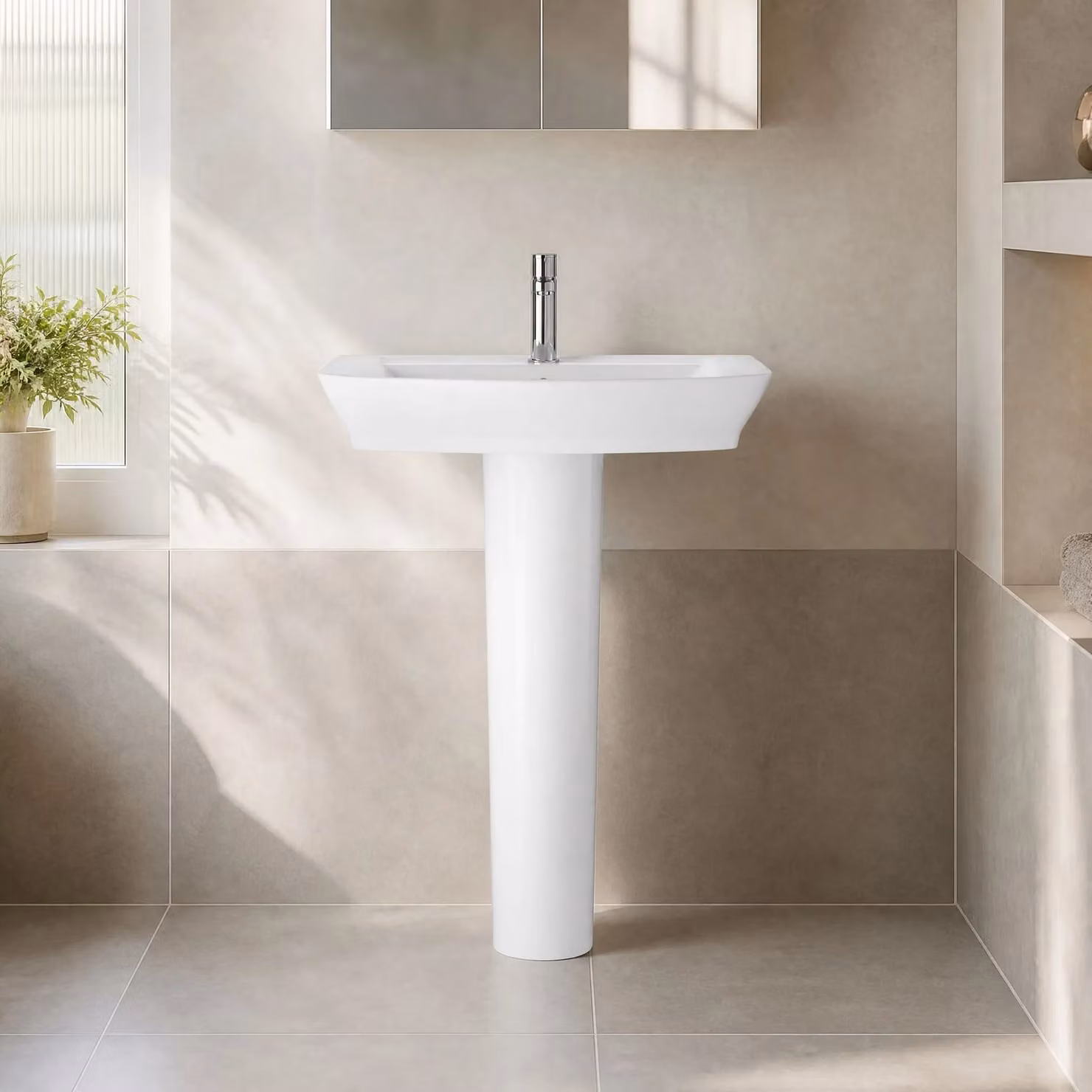 Balterley Spirit Soft Square Ceramic Basin with Full Pedestal, 1 Tap Hole, White, W: 55 cm, D: 46.5 cm, H: 82 cm – 2