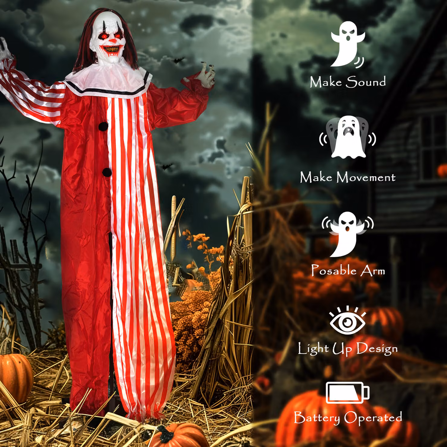 Outsunny 165 cm Life Size Animated Halloween Clown with Red Light Up Eyes and Sound Activated Moving Body – 5
