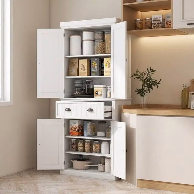 STILVORA White MDF Storage Cabinet with Drawer, Hinged Doors and Adjustable Shelves