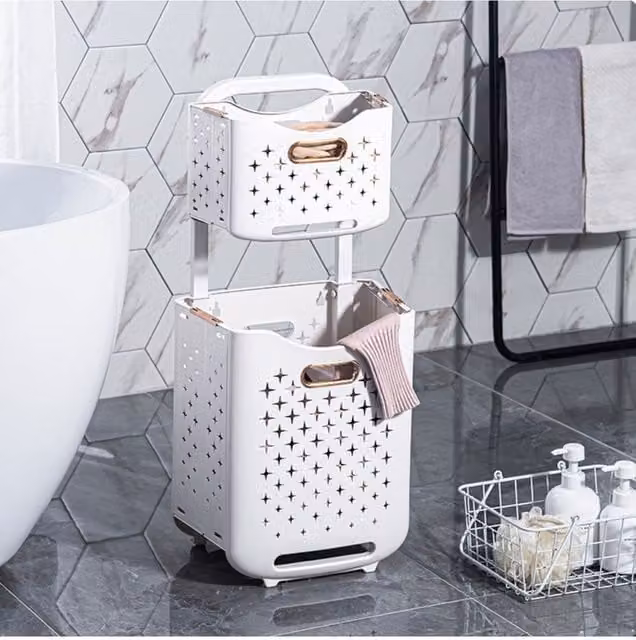 H&O Direct 2-Tier Collapsible Laundry Baskets with Wheels, White – 1