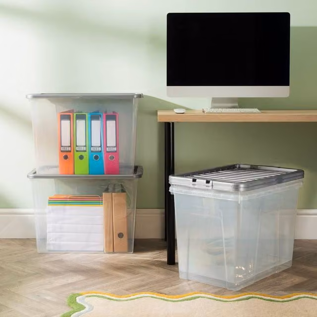 Wham Crystal 80L Stackable Plastic Storage Boxes with Silver Lids, Pack of 4, Transparent – 1