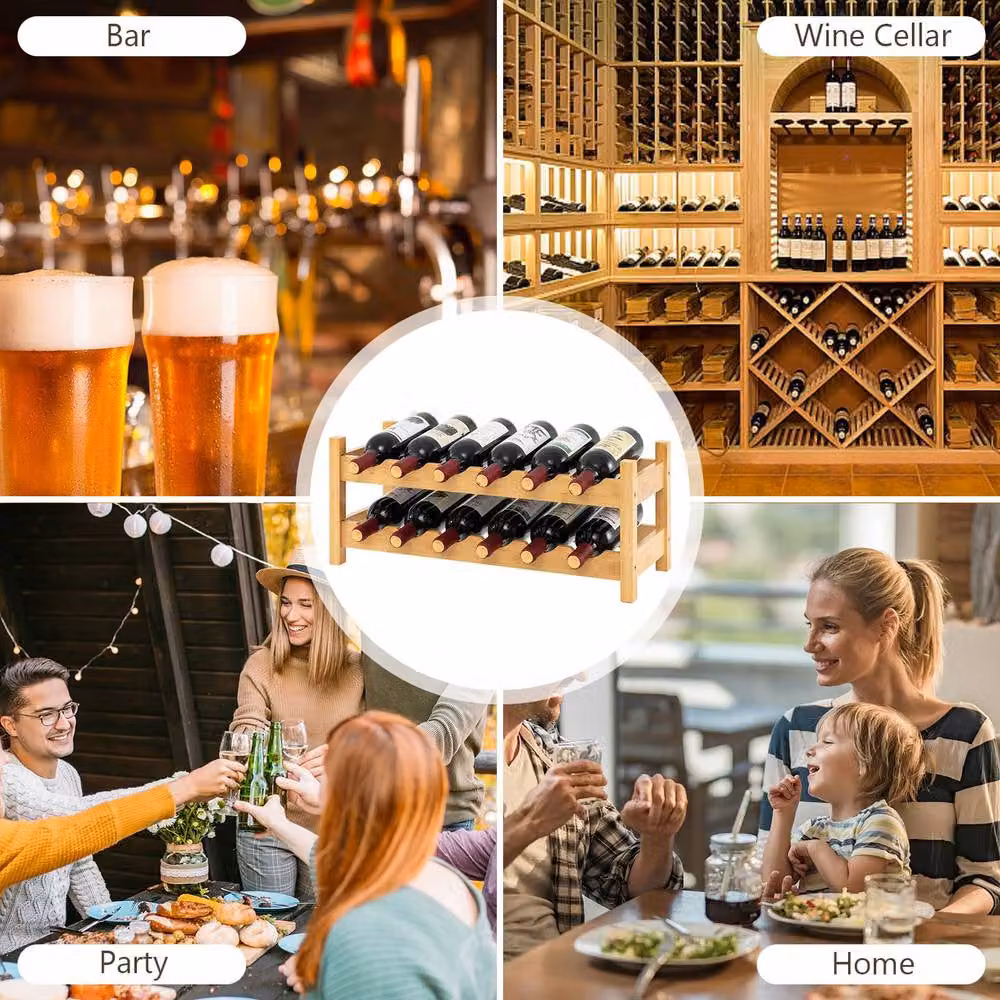 Gymax 2-Tier Bamboo Wine Rack, 12 Bottle Storage Organiser in Natural Brown – 4