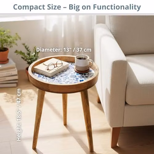 Hartsmede Mango Wood Round Side Table with Floral Enamel Resin Top in Beige, W/D/H: 36 x 36 x 47 cm – 10