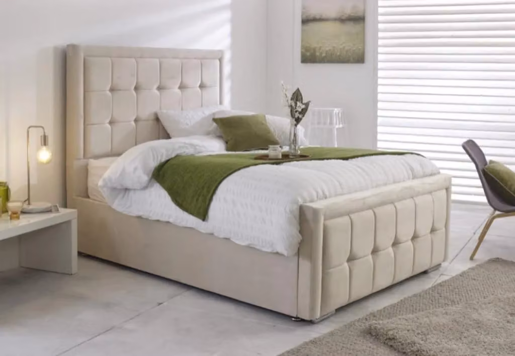 Bumper Cubed Upholstered Bed in Beige Fabric by Beds NK Ltd