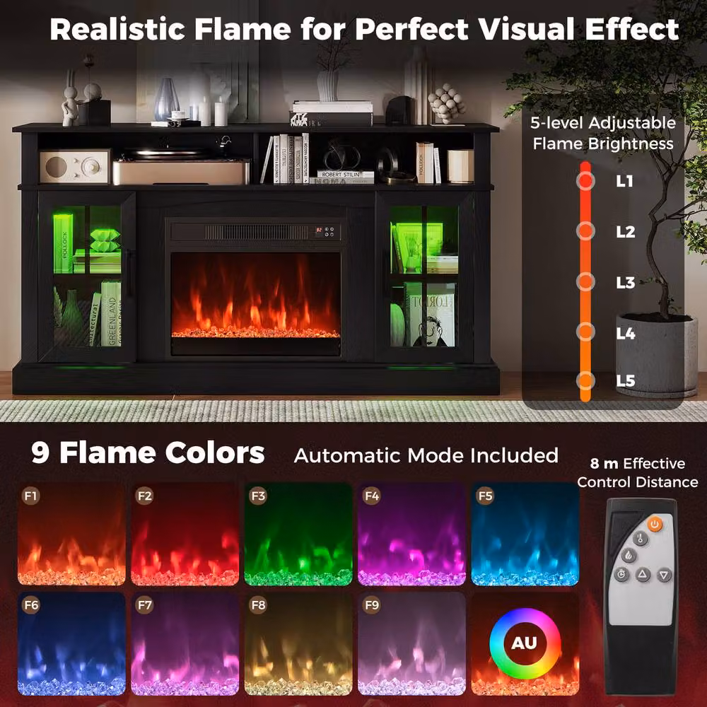 Gymax Modern Black Electric Fireplace TV Stand and Media Console with Integrated Lighting and Glass Details – 4
