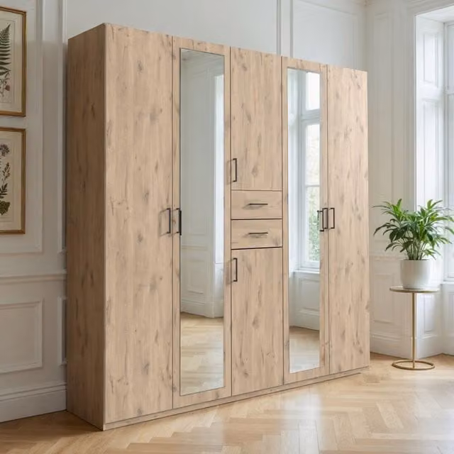 Dillingen Viking Oak 5 Door Wardrobe with Mirror, Brown, Width: 225 cm