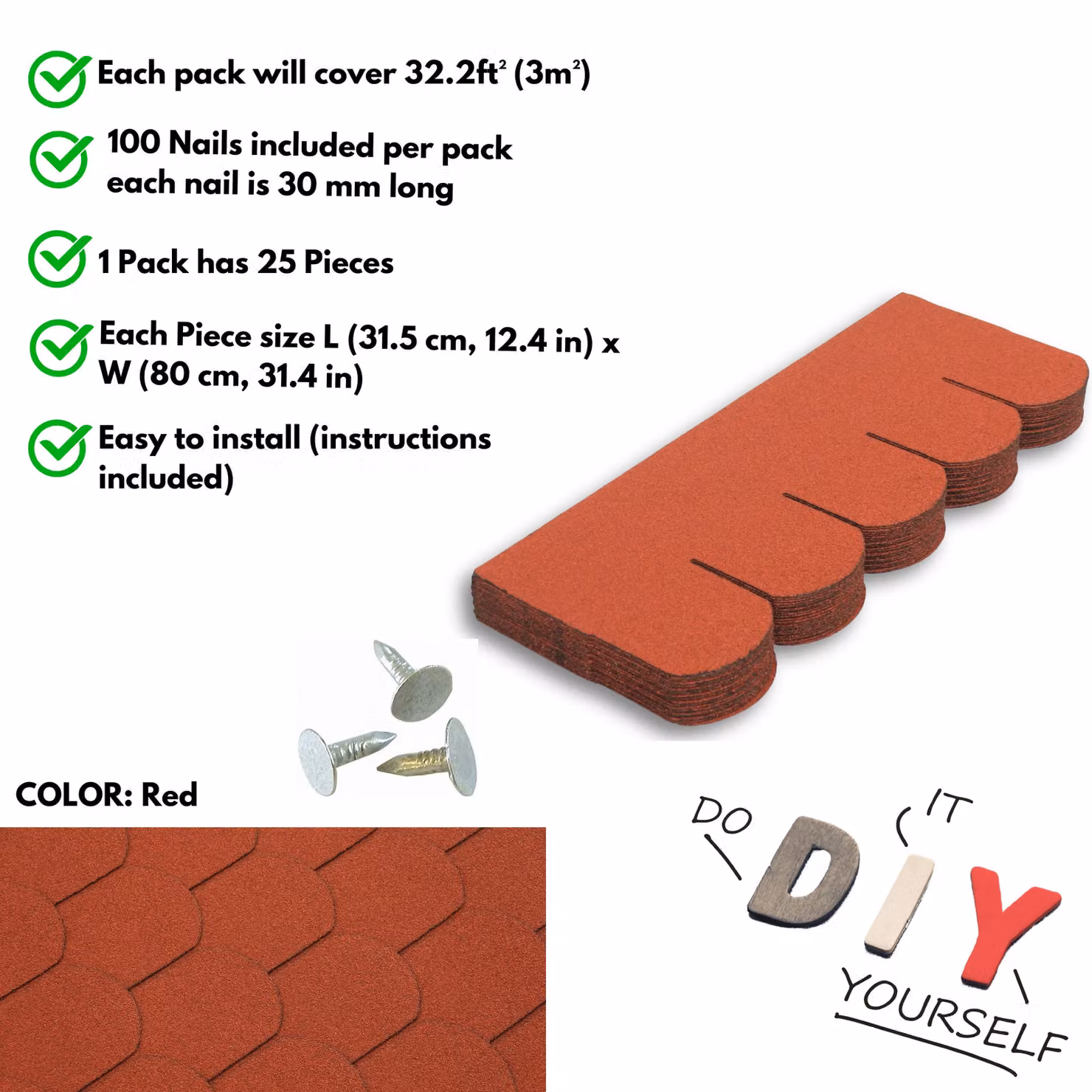Novecrafto Heavy Duty Red Fish Scale Asphalt Roof Shingles, 25 Pieces, 3 sqm, W: 80 cm, H: 31.5 cm – 4