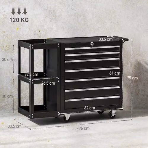 HOMCOM 7 Drawer Lockable Steel Tool Chest on Wheels, Black, W/D/H: 120 x 40 x 66 cm – 3