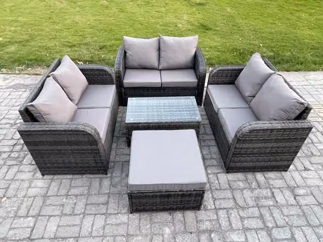 Fimous 7 Seater Rattan Garden Furniture Set in Dark Grey with U-Shape Sofa, Coffee Table and Ottoman
