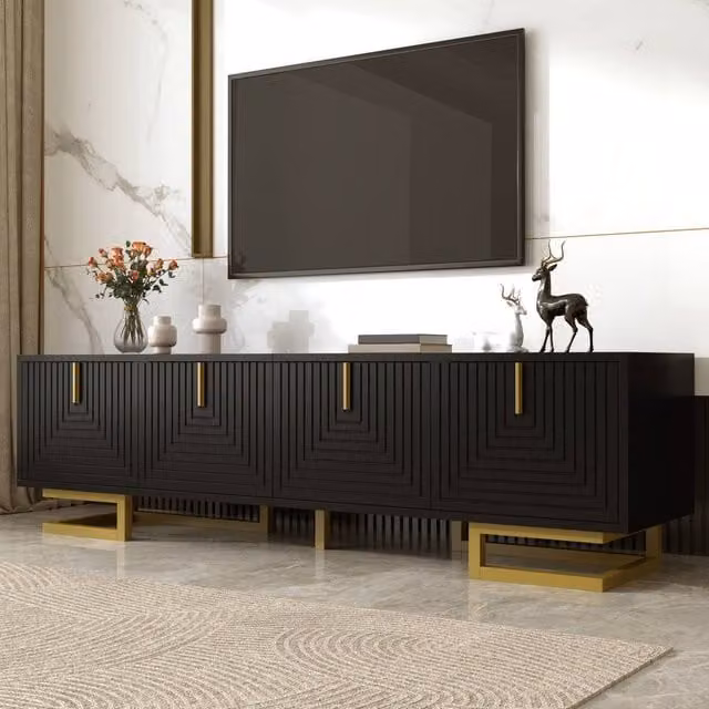 BTM Modern Black TV Stand with Textured Doors and Gold Handles, W/D/H: 160.0 x 44.5 x 38.0 cm