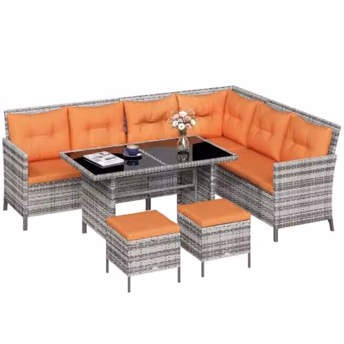 Outsunny 6-Piece L-Shape Polyrattan Garden Furniture Set with Orange Cushions and Coffee Table for 8 Adults – 1
