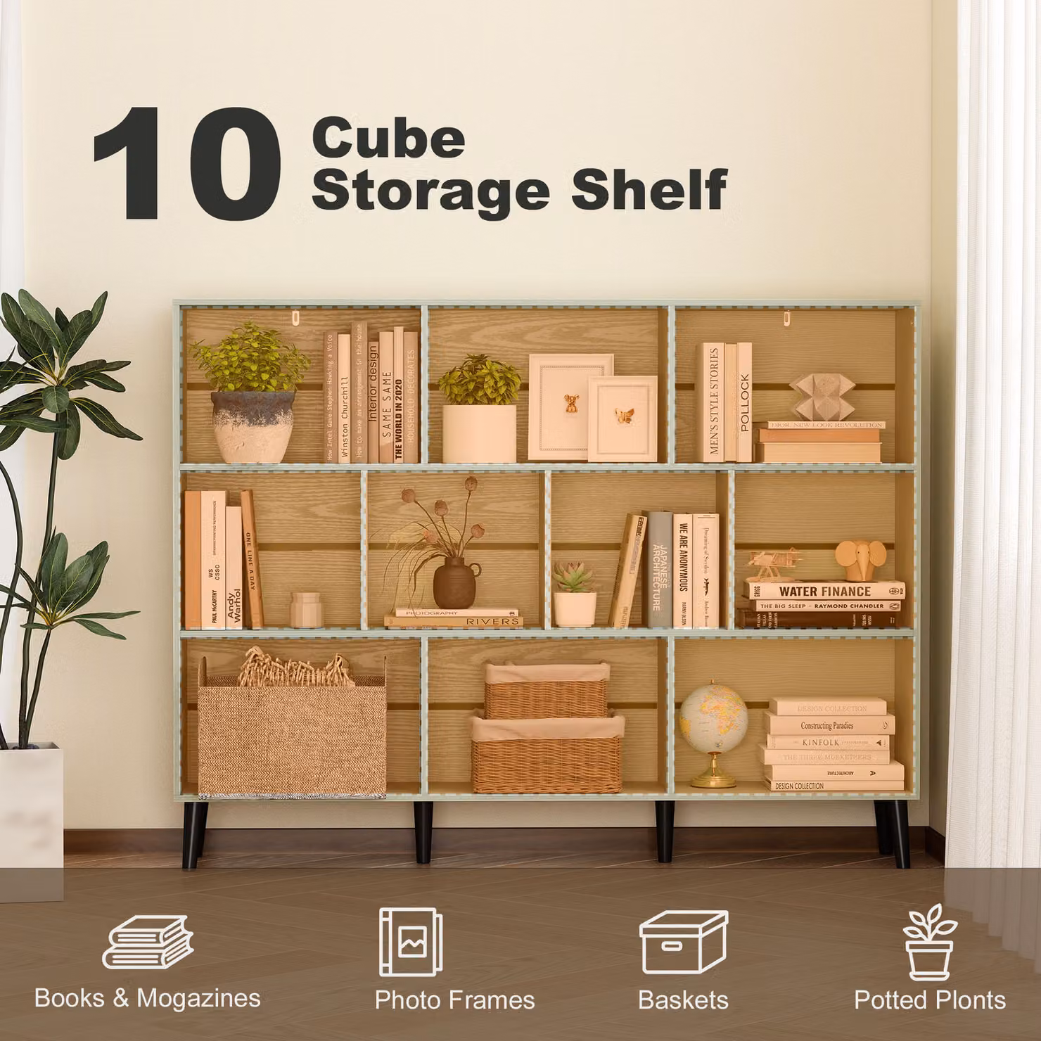 HOMCOM 10-Cube Modern 3-Tier Bookcase with Solid Wood Legs in Light Green, H 140 cm – 3