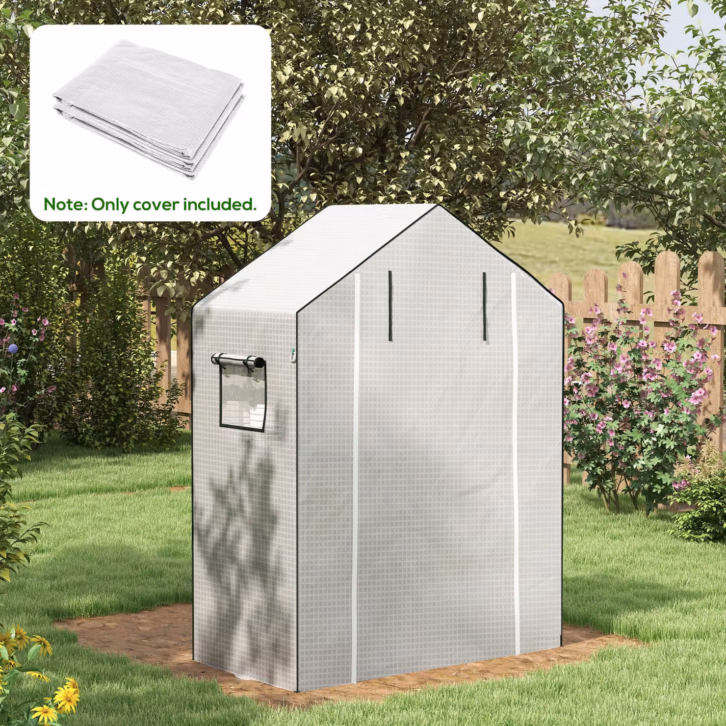 Outsunny White PE Greenhouse Cover Replacement with Roll-up Door and Windows, W: 140 cm, D: 73 cm, H: 190 cm – 2