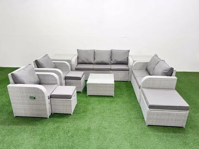 Fimous Grey PE Rattan Garden Furniture Set with 2 Seater Sofa, Coffee Table, 3 Stools, 2 Side Tables and Matching Ottoman