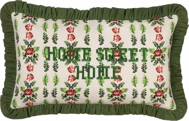 Feeoni Home Sweet Home Embroidered Cotton Floral Cushion in Willow Green