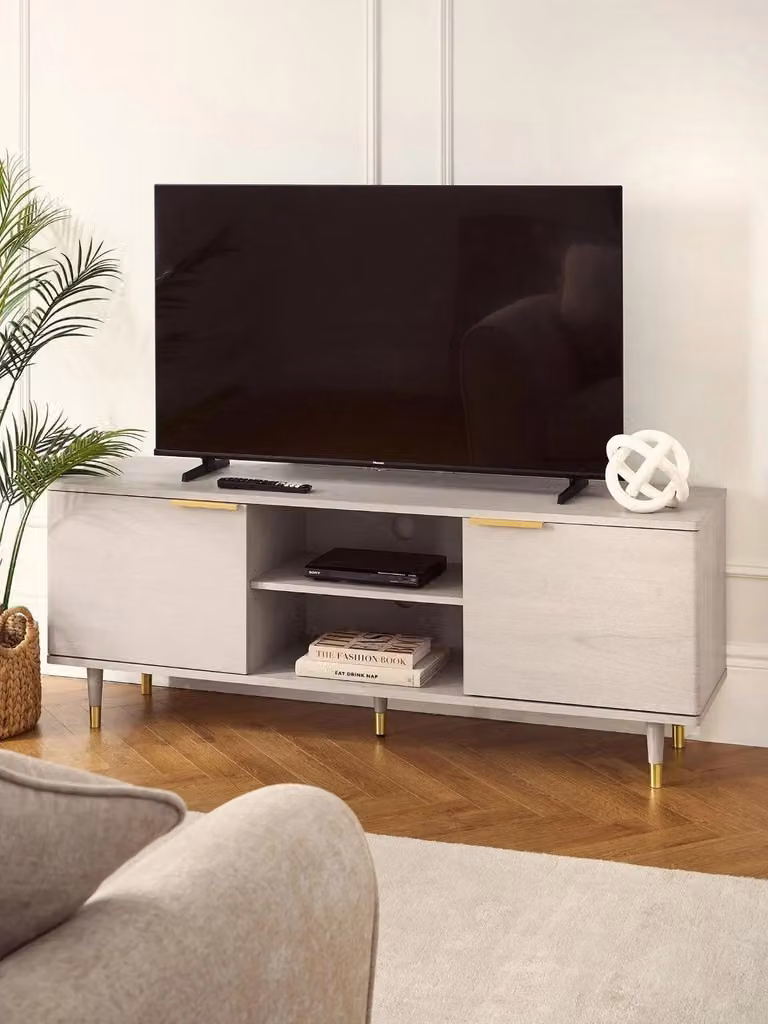 The Very Collection Enna TV Unit in Grey Oak with Gold Handles, W/D/H: 150 x 40 x 70 cm
