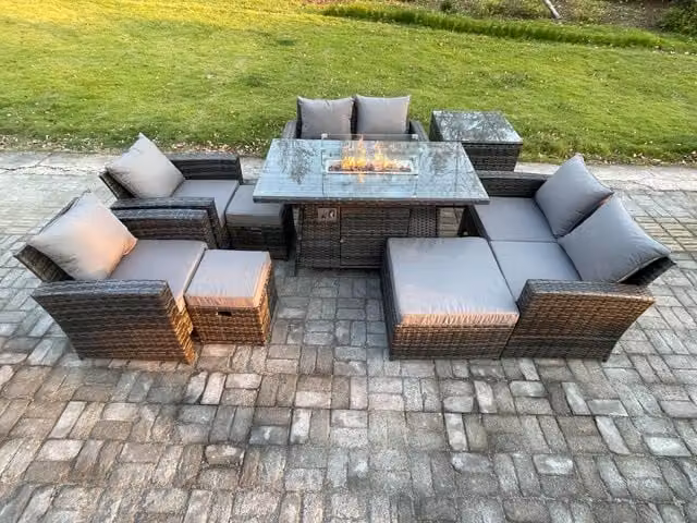 Fimous 9 Piece Outdoor Garden Furniture Set with Gas Firepit Dining Table, Sofa and 3 Footstools in Dark Grey Polyrattan