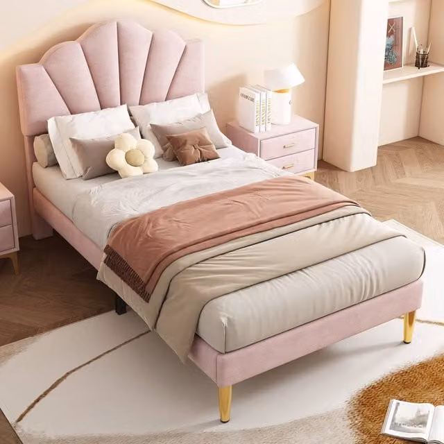 ModernLuxe Pink Velvet Upholstered Single Kids Bed with Adjustable Headboard – 1