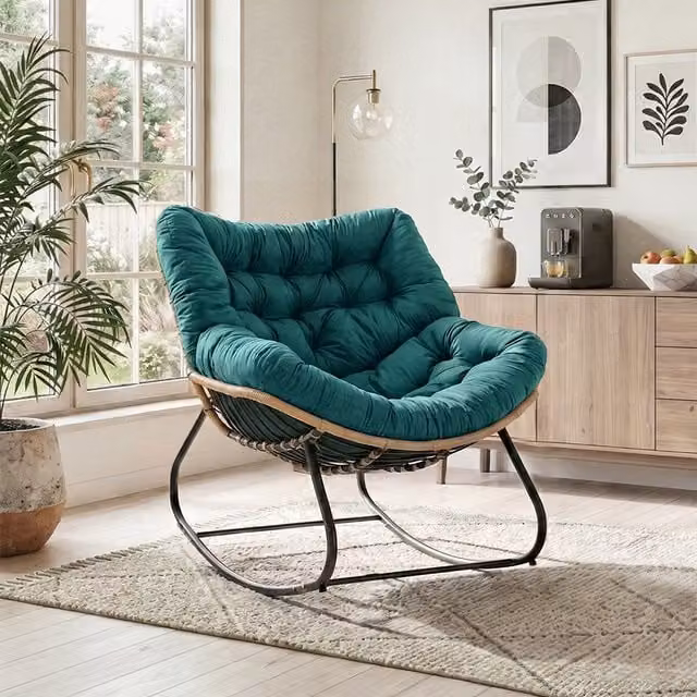 Livingandhome Modern Egg Rattan Lounge Rocking Chair with Green Fabric Cushion