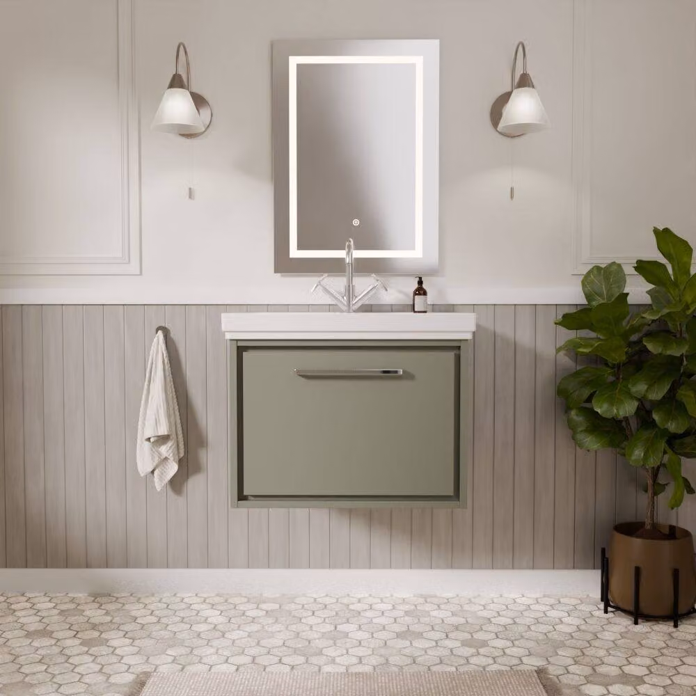 Balterley Green Wall Hung Single Drawer Bathroom Vanity with Fireclay Basin, Width: 60 cm – 2